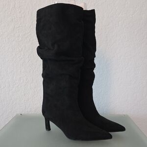 Time and Tru Black Suede Pointed-Toe Slouch Knee Boots